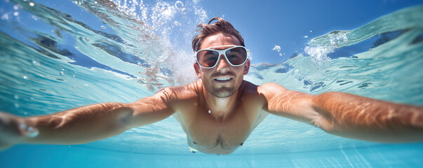 Naklejka premium Man Wearing Sunglasses Smiles While Swimming Underwater in a Pool on a Sunny Day