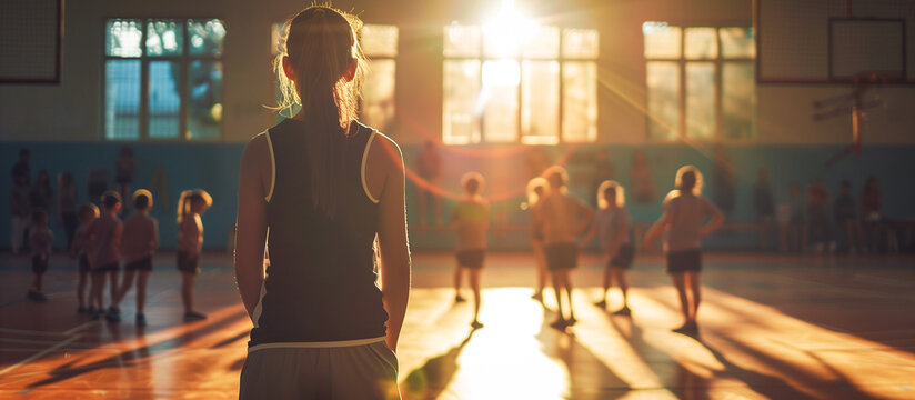 teacher female instructing children in modern school sport