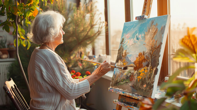 A retired woman painting a landscape on a sunny balcony. Retired Woman Painting Landscape Sunny Balcony Artistic Creative Relaxation Outdoor.