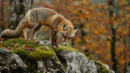 Fototapeta premium Close up wild fox on mossy rock. Natural forest habitat with beast of prey.