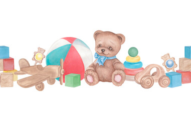 Watercolor seamless pattern border of cute baby toys