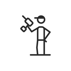 Worker with tools, linear style icon. Worker holding a drill, ready for work. Editable stroke width.
