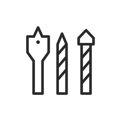 Drill bits, linear style icon. Set of different drill bits for various tasks. Editable stroke width.
