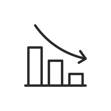 Bar graph with downward arrow, linear style icon. decline in data or performance. Editable stroke width.