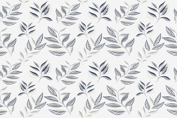 Fototapeta premium Pastel grey pattern with tropical floral stems. Creative abstract shape branches leaves seamless print on a light background. Vector hand drawing sketch. Design for fashion, fabric and textiles, cover