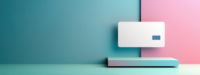 A bank card stands vertically on a large square base, with a solid background, studio lighting, minimalist style, and clean composition.