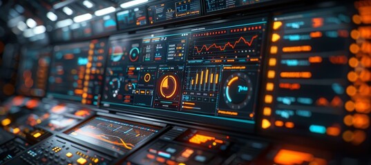 Obraz premium Computer Monitor Displaying Abstract Network Monitoring Dashboard with Real-Time Data Analytics