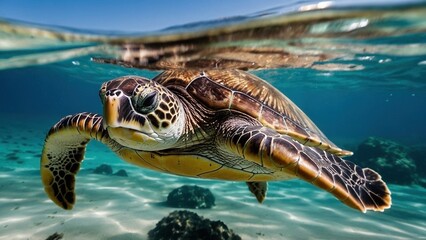 Fototapeta premium Stunning close-up photo portrait of a loggerhead flatback sea turtle swimming in the clear ocean water. Beautiful animal underwater wildlife photography illustration wallpaper. Caretta caretta.