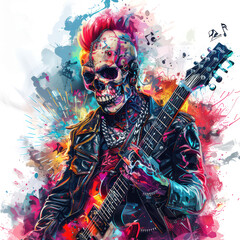 Vibrant Skull Guitarist Rocking Out, Skull Punk Rock Fantasy Art, For T-Shirt Design