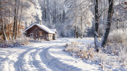 Fototapeta premium A winding path through a snow-covered forest, leading towards a quaint cabin with smoke rising from the chimney