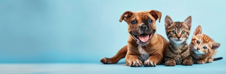 Three dogs sit together on blue background, smiling