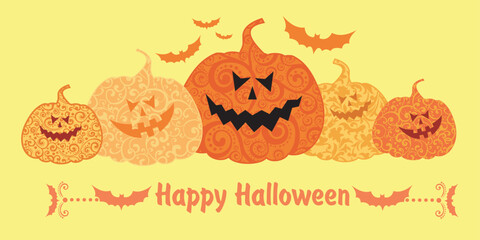 Halloween greeting card isolated on yellow background.  Vector Illustration 