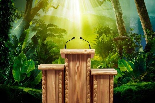 Green podium for environmental speech in the greenery jungle wooden stage sunlight eco presentation
