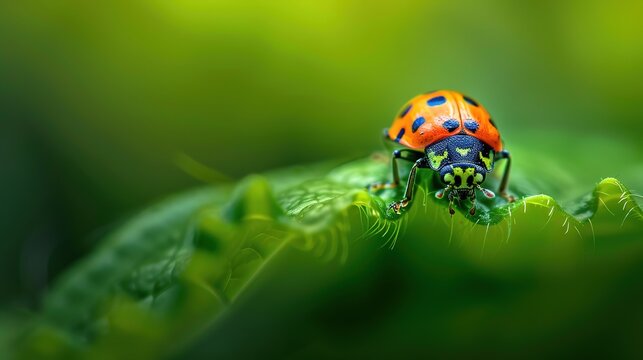 Colourful baby bugs Chrysocoris stollii on greens leaves from macro photography with blurry backgrounds