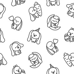 Cute kawaii bunny. Seamless pattern. Coloring Page. Cartoon little rabbit characters. Hand drawn style. Vector drawing. Design ornaments.