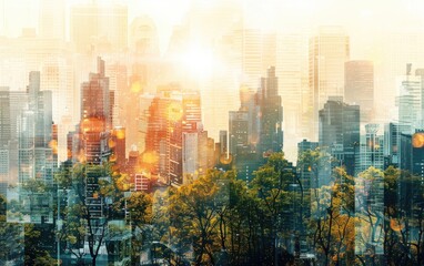 Fototapeta premium A bustling cityscape with visible carbon footprint reduction efforts, close up, focus on, climate action, dynamic, double exposure, metropolitan backdrop