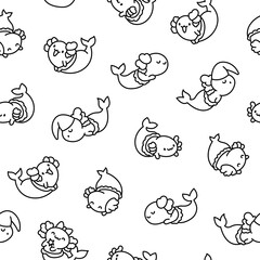 Cute kawaii axolotl mermaid. Seamless pattern. Coloring Page. Cartoon fantasy animal characters. Hand drawn style. Vector drawing. Design ornaments.