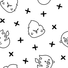 Cute kawaii little fire. Seamless pattern. Coloring Page. Cartoon flame characters. Hand drawn style. Vector drawing. Design ornaments.