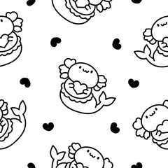 Cute kawaii axolotl mermaid. Seamless pattern. Coloring Page. Cartoon fantasy animal characters. Hand drawn style. Vector drawing. Design ornaments.