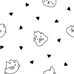 Cute kawaii little fire. Seamless pattern. Coloring Page. Cartoon flame characters. Hand drawn style. Vector drawing. Design ornaments.