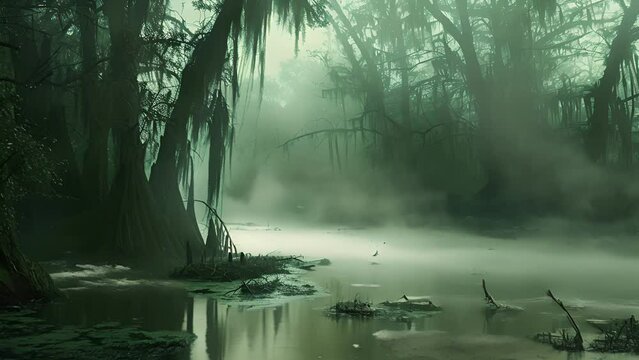 The heavy mist obscures the true nature of the swamp making it seem as though the ghostly shapes floating within it are the true rulers of this otherworldly place.