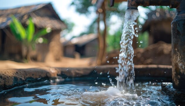 A community well providing clean water with modern purification systems, close up, selective focus, public health improvement, vibrant, blend mode, village backdrop