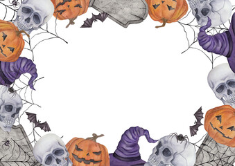 Spooky horizontal watercolor Halloween frame with space for text