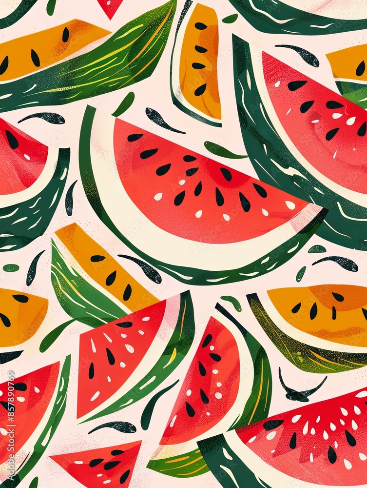 Poster A close-up image of a repeating pattern featuring vibrant red watermelon slices with black seeds, green rinds, and yellow watermelon rinds on a light background. Generative AI