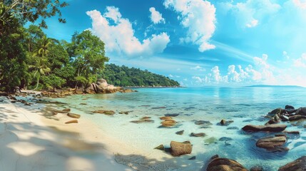 Obraz premium Panoramic landscape of a serene tropical beach, nature background