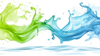 4. Produce an engaging summer-themed vector abstract background and banner featuring abstract representations of water elements like splashes and ripples in vibrant hues of green and blue,