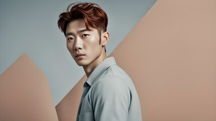 a young asian man with red hair and blue eyes