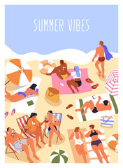 Beach poster, sea resort, summer vacation card. Tourist recreation at seaside, enjoying holiday. People relaxing on chaise lounge, sunbathing, resting. Seacoast leisure time. Flat vector illustration