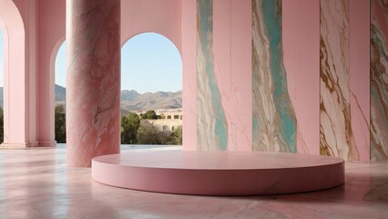 Empty pink marble scene podium exposition mockup. Round exhibit table made of stone. Unoccupied light platform in pink and turquoise marble room. Perfect for luxury lifestyle presentations.