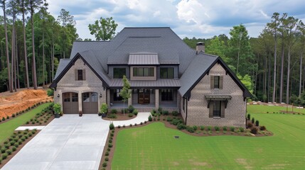 Obraz premium An overhead view of a two-story brick house with a black roof and a brick driveway. The house is surrounded by trees with fall foliage