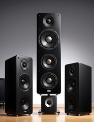 Obraz premium A loudspeakers for music and surround sound home theatre system placed in dark background with copy space, sound system banner design 