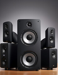 Fototapeta premium A loudspeakers for music and surround sound home theatre system placed in dark background with copy space, sound system banner design 