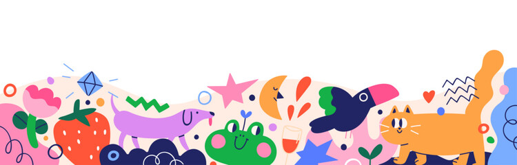 Cute border, kids decoration. Funny abstract childs banner design with creative elements, amusing happy animals, doodle shapes. Decorative flat vector illustration isolated on white background