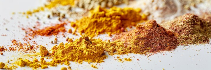 Close-up shot of turmeric, coriander, and paprika scattered on a white surface. The vibrant colors and textures make for an appealing image. Generative AI