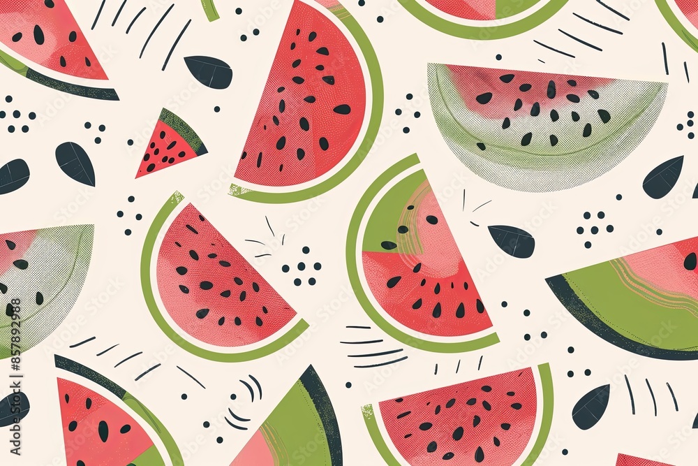 Poster a pattern of red watermelon slices, black seeds, and green rind on a light background. generative ai