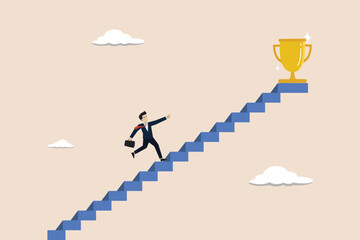 Small steps to success, challenges to achieve success targets, patience and persistence concept, businessman walk up small step stair to reach trophy reward.