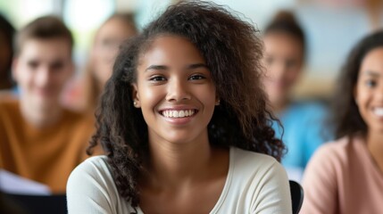 Obraz premium Smiling student in a classroom setting, highlighting a positive and engaging learning environment for education and youth marketing.