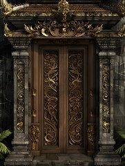 Beautifully carved Javanese wooden doors framed by stone, featuring traditional and intricate designs.