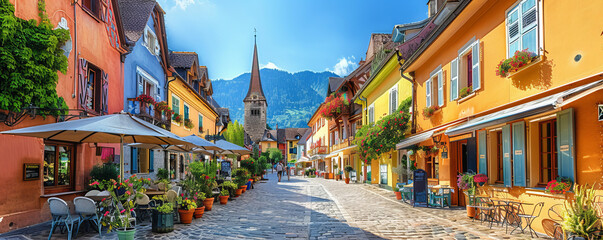 A quaint European village square bustling with activity, surrounded by colorful buildings.