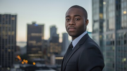 Fototapeta premium Confident businessman in a suit standing on a rooftop with a city skyline in the background, exuding professionalism and success.