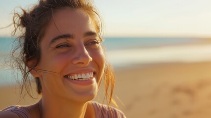 Radiant smile of a young woman enjoying a sunny day at the beach, capturing the essence of happiness and outdoor relaxation.