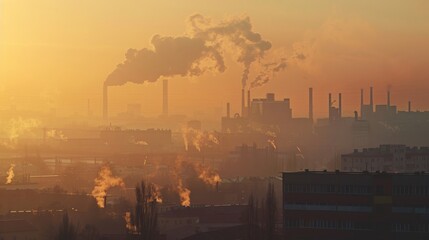 Fototapeta premium Smog from an industrial park seen spreading over nearby residential areas in the early morning