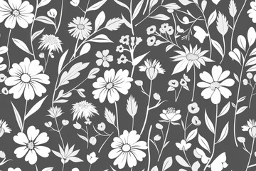 Minimalist seamless pattern featuring elegant monochrome flowers on a two-color background