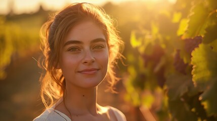 Fototapeta premium Golden hour vineyard portrait showcasing natural beauty and serene countryside ambiance, perfect for lifestyle, travel, and fashion promotion.
