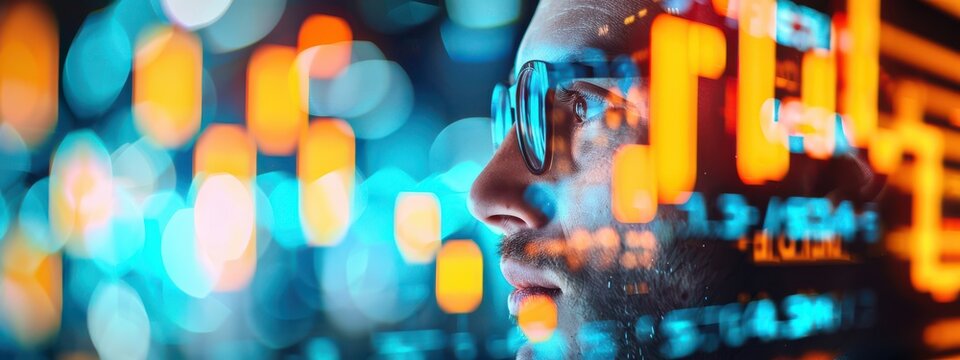 A double exposure image of an investor with mixed expressions and an overlay of both bull and bear market indicators, showcasing market uncertainty.