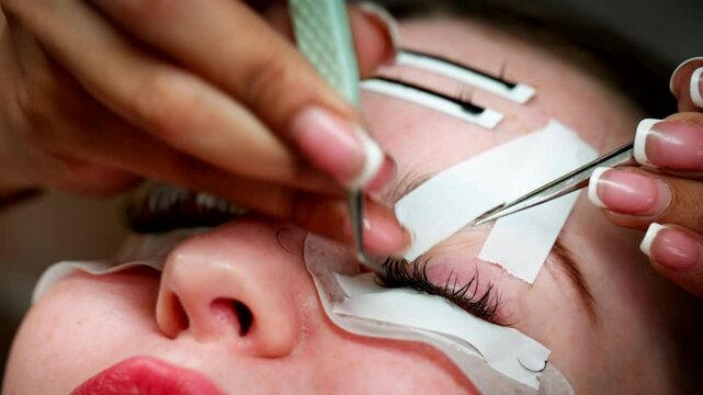 Telephoto shot on European woman's face getting eye lash extension treatment